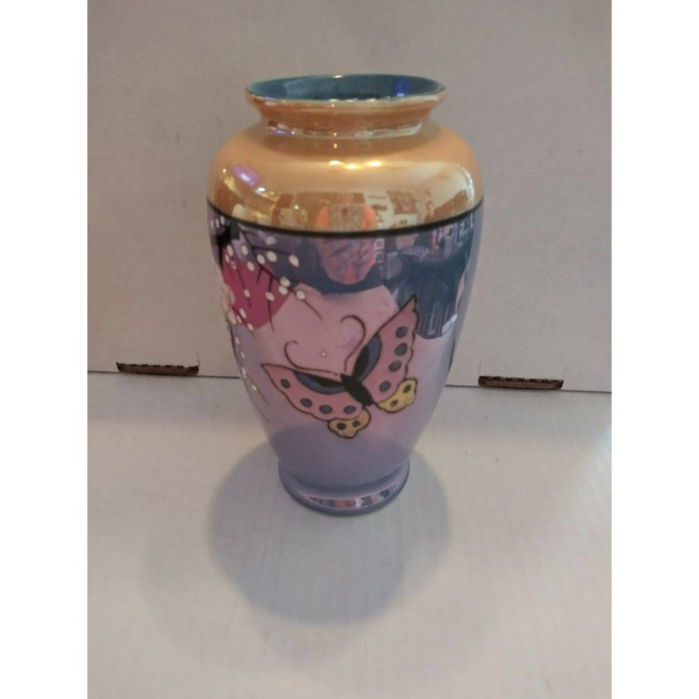 6" Peach and Blue Lusterware Vase Butterfly and Blossoms Made in Japan